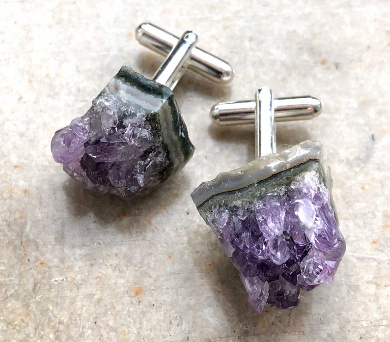 Amethyst Crystal Cufflinks. Amethyst Geode Slices, raw stone cufflinks, purple wedding cufflinks. February birthday gift for him, husband image 10