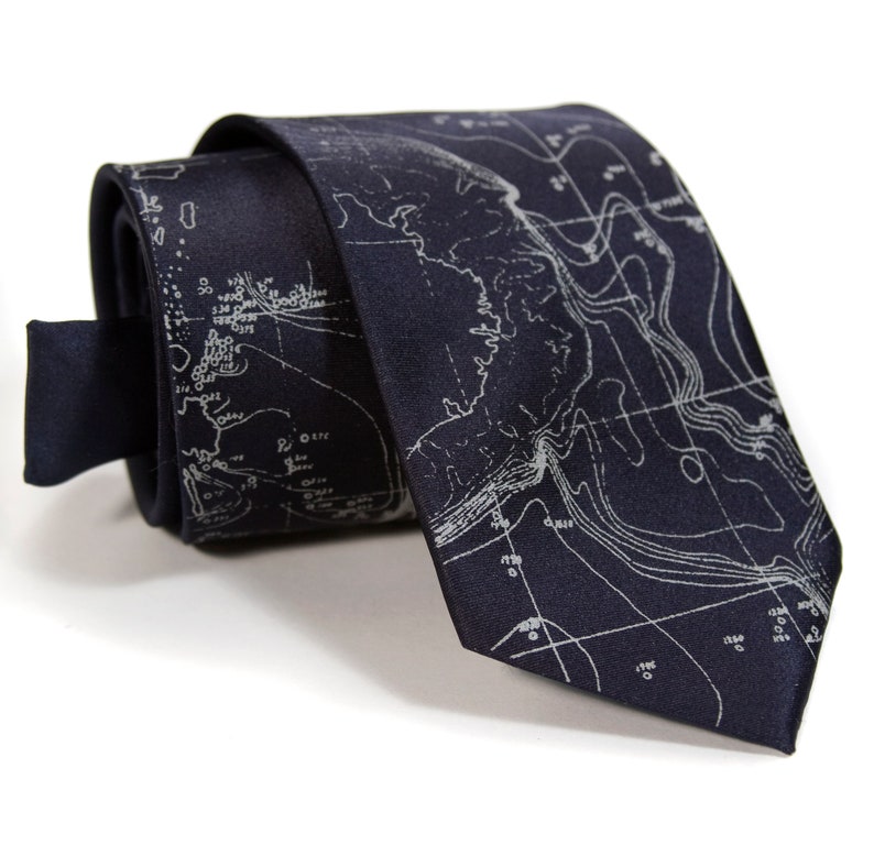 Contour Map Necktie. Gift for him, men's tie. Scandinavian & Arctic ocean floor map. Oceanographer gift, sailor gift, cartographers, map tie black