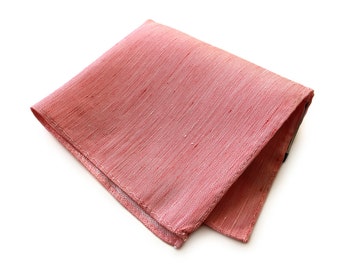 Coral linen handkerchief. Rustic pink woven silk & linen blend herringbone pattern, mens pocket square. "Brush Park" pocket silk.