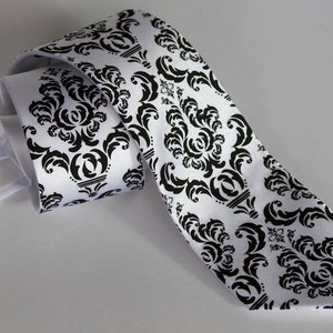 Damask Tie. Classic filigree wedding necktie. Elegant black and white damask groom's tie. Wedding ties floral, tie for groomsmen, best man image 1