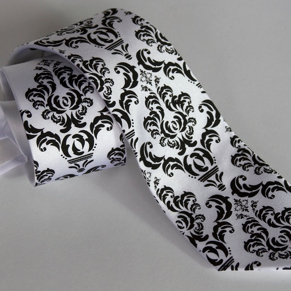 Damask Tie. Classic filigree wedding necktie. Elegant black and white damask groom's tie. Wedding ties floral, tie for groomsmen, best man