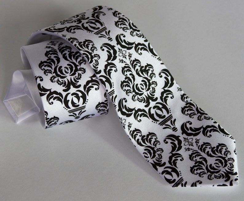 Damask Tie. Classic filigree wedding necktie. Elegant black and white damask groom's tie. Wedding ties floral, tie for groomsmen, best man image 1