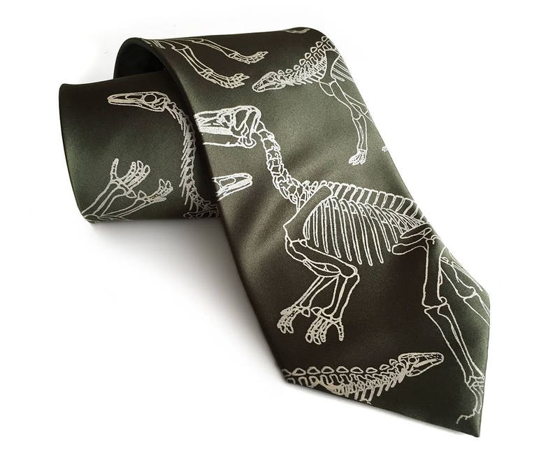 Dinosaur Bones Tie, Science gifts for him. Dinosaur Skeleton Men's Necktie. Dinosaur Tie Science teacher gift, gift for Paleontologist gift olive