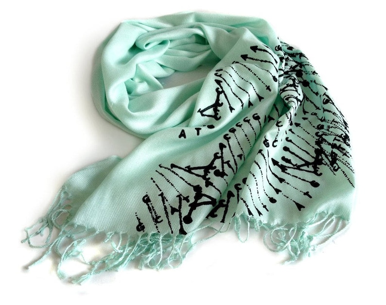 Science teacher medical student gift genetics cryptozoology fan. DNA double helix silkscreened soft pashmina DNA scarf