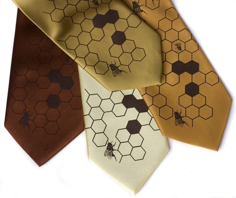 Honeybee Necktie, Bee tie. Men's beehive necktie, Oh Honey Beekeeper gift for men, apiary, save the bees. Vegan tie for men or women. image 2