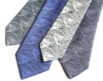 Sea Waves Necktie. Crashing Waves Tie. Beach Wedding groomsman necktie, Nautical Necktie, Japanese Ocean theme wedding tie. Men's necktie