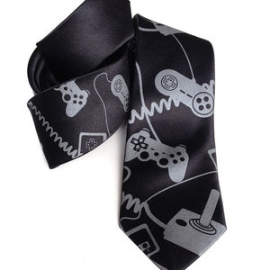 Joystick necktie. Video game controller tie. Geek chic gamer gift. Control Freak, gaming console screen printed tie. dove on black