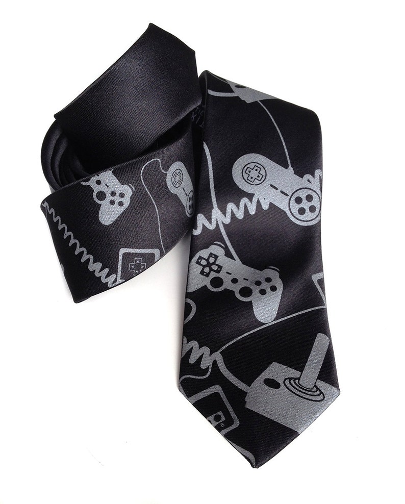 Joystick necktie. Video game controller tie. Geek chic gamer gift. Control Freak, gaming console screen printed tie. dove on black