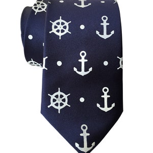 Anchor Necktie. Anchor & Ship's Wheel Blue Nautical Tie. Hand printed men's tie, coastal nautical wedding, seaside wedding. Preppy tie. image 4