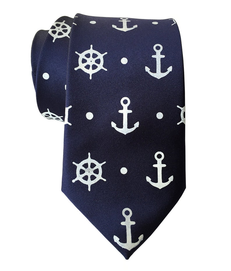 Anchor Necktie. Anchor & Ship's Wheel Blue Nautical Tie. Hand printed men's tie, coastal nautical wedding, seaside wedding. Preppy tie. image 4