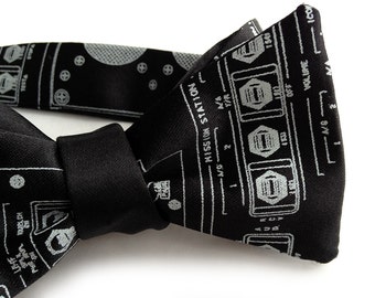 Space Shuttle bow tie. Men's freestyle, self tie bow tie. NASA Shuttle cockpit console diagram. Science gifts, space camp, engineering, STEM