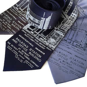 Detroit Train Station Blueprint Necktie. Michigan Central Station men&#39;s tie. Detroit Michigan gift 1912 silkscreened architect&#39;s blueprint.