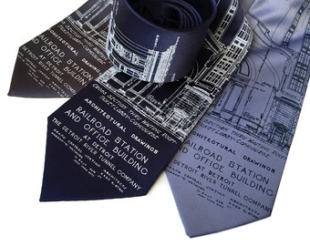 Detroit Train Station Blueprint Necktie. Michigan Central Station men's tie. Detroit Michigan gift 1912 silkscreened architect's blueprint.