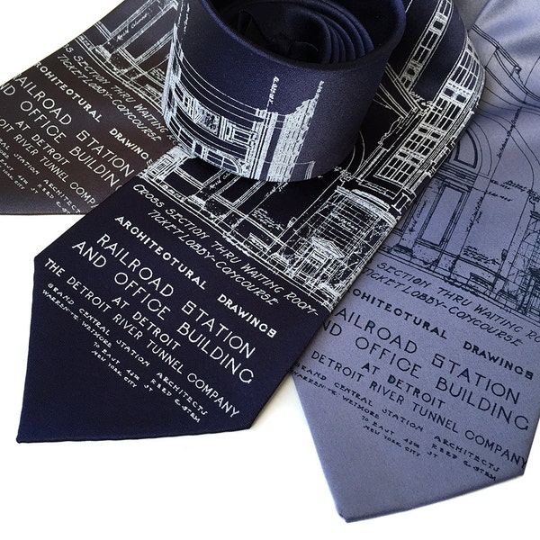Detroit Train Station Blueprint Necktie. Michigan Central Station men's tie. Detroit Michigan gift 1912 silkscreened architect's blueprint.