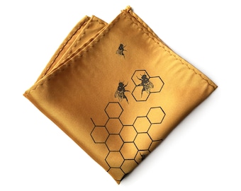 Honeycomb pocket square. Honeybee Hive screenprinted men's handkerchief. Choose mustard yellow & more. Beekeeping, apiary, farm gift.