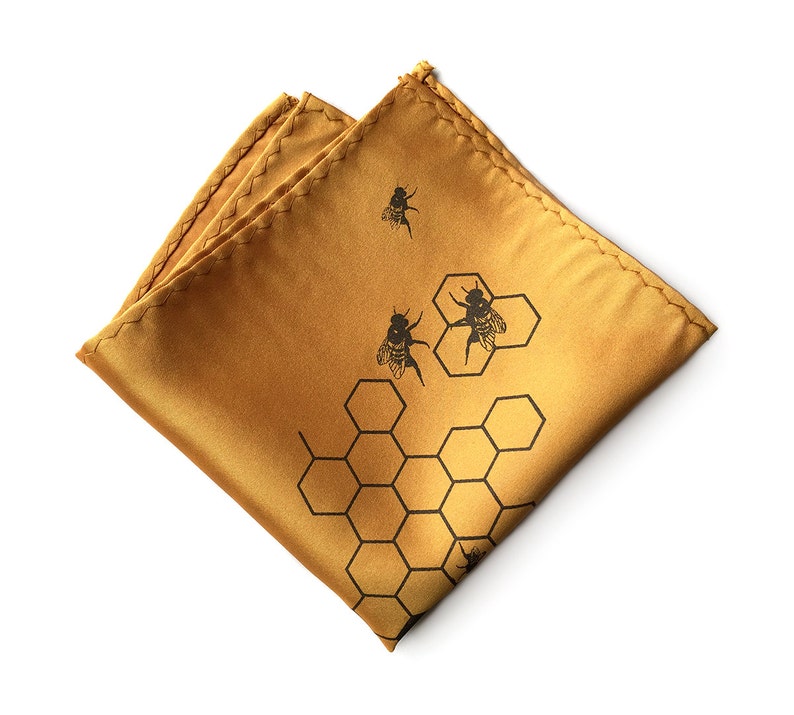 Bee pocket square, Bee Hive pocket square. Honey Bees, bee gifts, honeycomb men's hanky. Beekeeping, apiary gift, bee theme wedding image 2