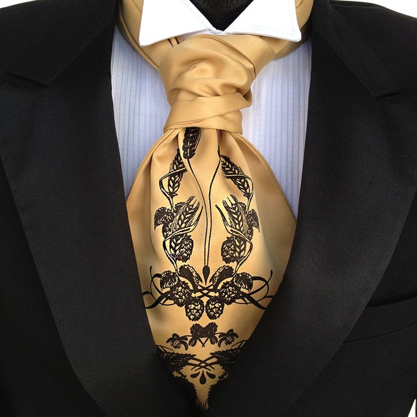 Hops & Wheat Print Ascot. Craft beer lover, mens cravat tie. Self tie ascot for groom and groomsmen. Screenprinted formal ascot for wedding
