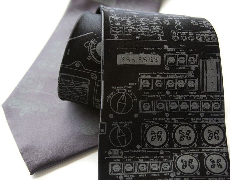 Apollo Cockpit men's silk necktie. Rocket science silkscreened tie. Dove gray print. Your choice of tie colors. image 3