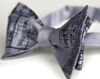Detroit Blueprint bow tie, freestyle. Silkscreened silver necktie, navy ink.