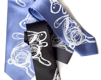Hare Tie. Sketchy bunny rabbit silkscreened necktie. Choose standard or narrow width.