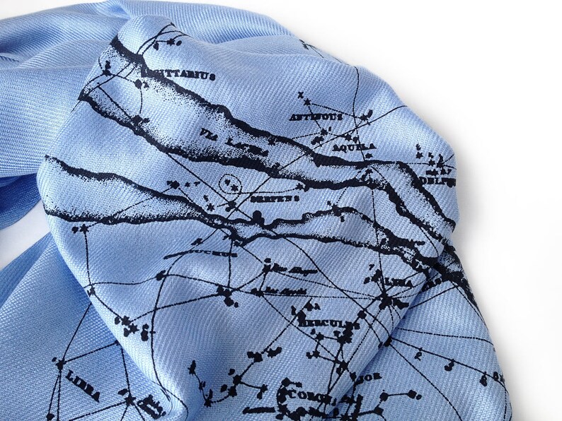 Milky Way Galaxy celestial scarf. Navy blue pashmina. Constellation design, ice blue print on navy and more. For men or women. navy print/sky blue