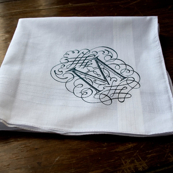 Cotton Pocket Square. White pocket square, initial handkerchief. Custom printed single initial, filigree font. Choose A-Z letter & ink color