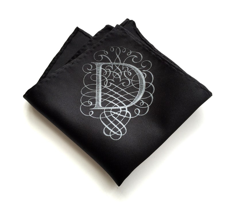 Custom initial pocket square, gift for him. Filigree letter monogram, personalized single letter mens wedding handkerchief. Choose A-Z image 3