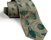 Bug tie. Silkscreened insect pattern men's necktie, dark emerald print on sage green. "Bugger Off." Choose standard, narrow or skinny