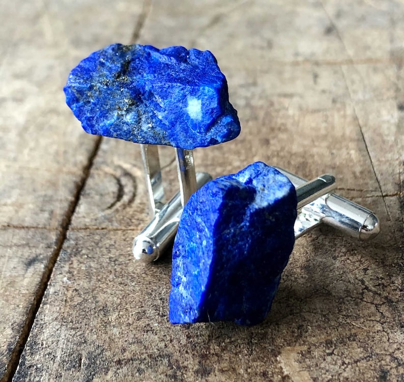Lapis Cufflinks. Natural raw stone, rough gemstone cufflinks. 9th Anniversary, something blue, wedding cufflinks. Husband gift, gift for dad zdjęcie 8