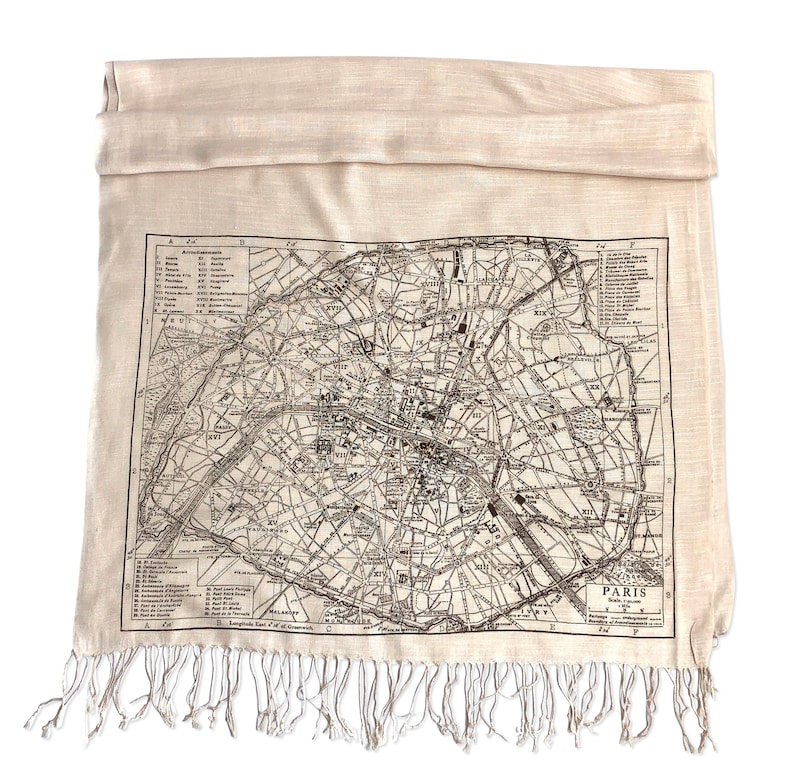 Paris Map Scarf. French map print fringed scarf. Bamboo pashmina, bridal shawl. Paris France wedding, Parisian, destination wedding in Paris image 6