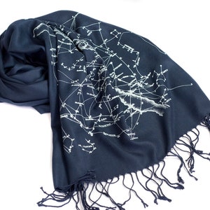 Milky Way Galaxy celestial scarf. Navy blue pashmina. Constellation design, ice blue print on navy and more. For men or women. image 1