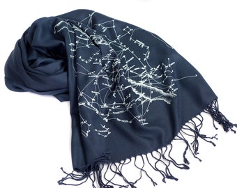 Milky Way Galaxy celestial scarf. Navy blue pashmina. Constellation design, ice blue print on navy and more. For men or women.
