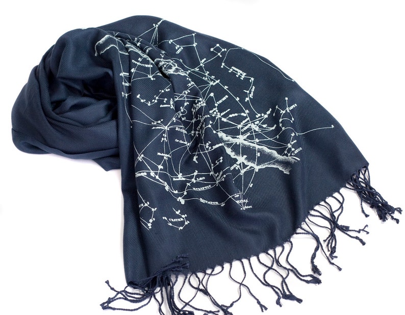 Milky Way Galaxy celestial scarf. Navy blue pashmina. Constellation design, ice blue print on navy and more. For men or women. image 1