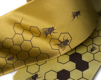Gold silk beehive necktie. "Oh Honey." Silkscreened honeybee men's tie, chocolate brown ink.