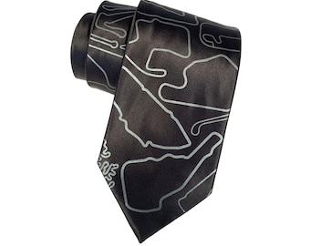 Racetrack necktie. Track map camo silk tie, racetracks of the world. Automotive enthusiast men's tie. Your choice of color & width.