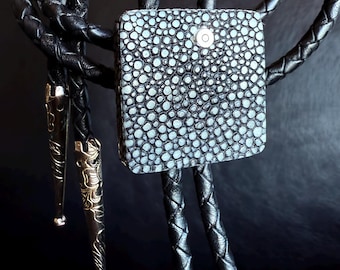 Real Stingray Bolo Tie with Sterling Silver Accent. Exotic Leather Bola, creative black tie, Rockabilly, Texas Formal
