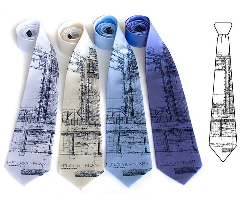 Detroit Blueprint necktie. Architect gift, mens silk tie. Cass Tech Detroit tie. Detroit gift men, Detroiter gift, city planner, builder image 3