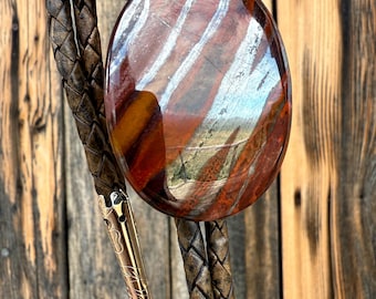 Tiger Iron Bolo Tie, Large Oval Western Bola. Banded Iron Formation, Australia Gemstone - Wide Stipe Red Jasper, Hematite & Tiger's Eye