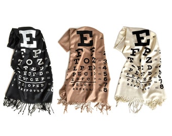 Eye Chart scarf. Hand-printed bamboo pashmina scarf. Optometry, Optometrist gift, optician, eye doctor gift, mom who wears glasses, eye test