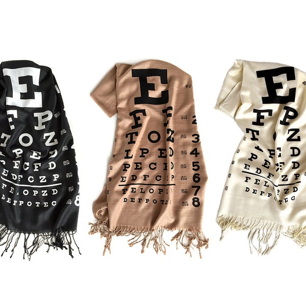Eye Chart scarf. Hand-printed bamboo pashmina scarf. Optometry, Optometrist gift, optician, eye doctor gift, mom who wears glasses, eye test