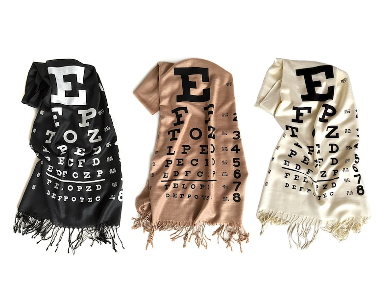 Eye Chart scarf. Hand-printed bamboo pashmina scarf. Optometry, Optometrist gift, optician, eye doctor gift, mom who wears glasses, eye test image 1