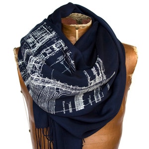 Blueprint Scarf, architect gift. Detroit architecture blueprint, navy blue pashmina Cass Tech silkscreen printed scarf. For women & men