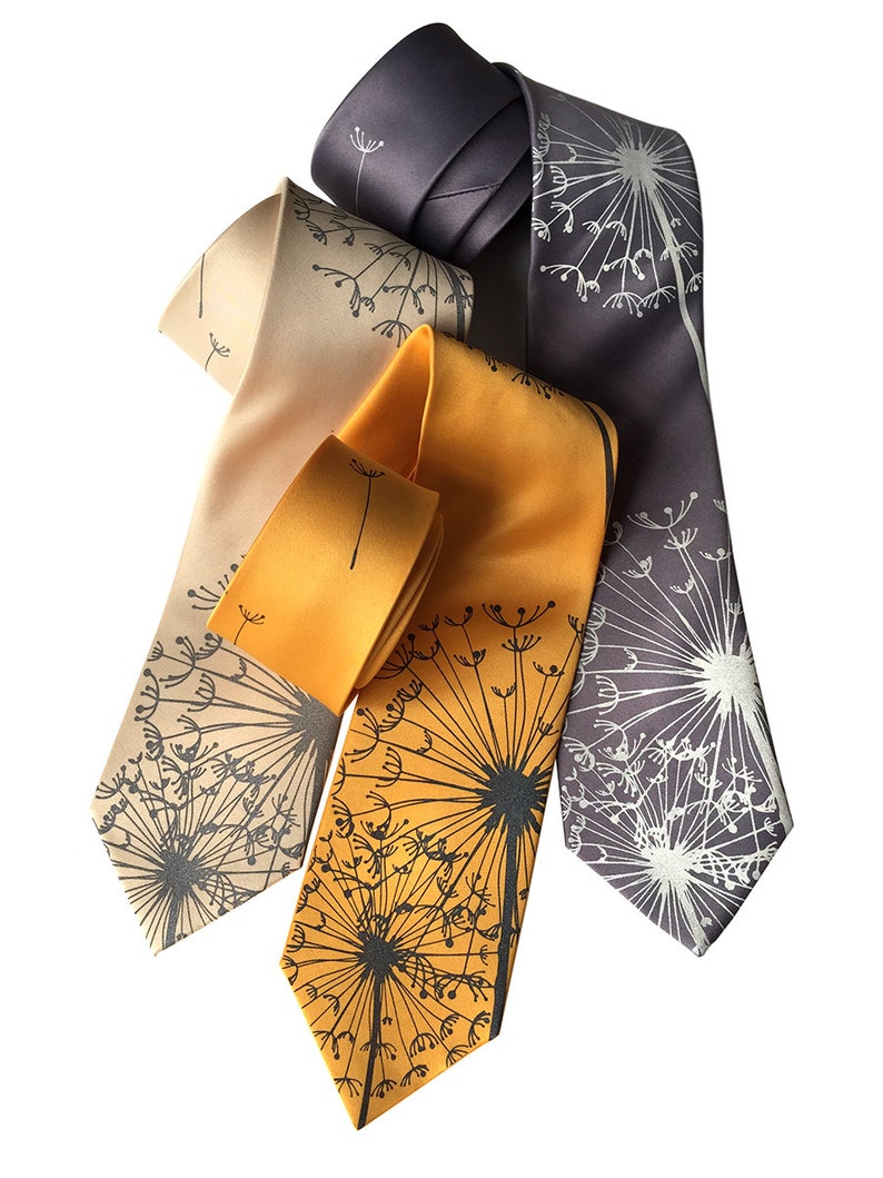 Dandelion Necktie, floral print tie. Dandelion wish, dandelion seed. Best man gift, for him, garden wedding, tie with flowers, groom's tie image 1