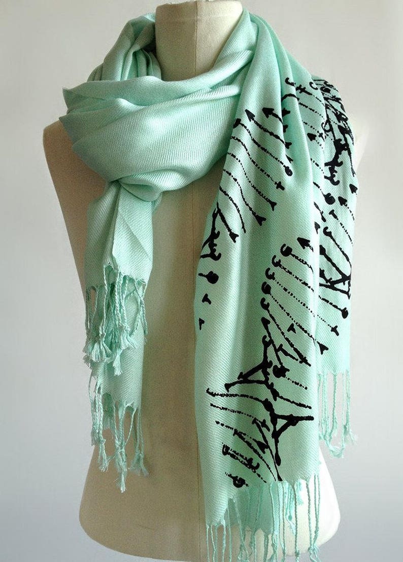 DNA Print Scarf. DNA Double Helix printed soft pashmina. Science scarf. Gift for science teacher, genetic researcher, genealogy, family tree black print/mint -LW