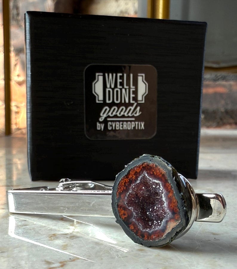 Red Moss Agate Tie Clip. Red Hematite Amethyst Tabasco Geode silver Tie Bar with black gift box