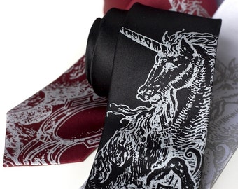 Unicorn Print Tie. Unique ties for the unicorn obsessed. Awesome ties, unicorn gifts for men. Cool ties, unicorn wedding silkscreen necktie.