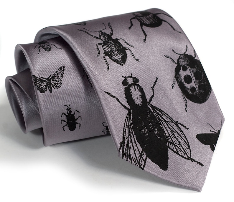 Insect Necktie. Buggy code, geek gift, entomology, pest control. Bug print tie. Entomologist gift, gift for science teacher, biology teacher silver