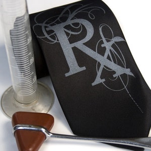 Rx Prescription necktie. (Fancy edition) Choose standard or narrow microfiber. Med school graduation gift for pharmacist or doctor