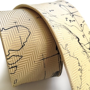 Sea Floor Map necktie. Elegant herringbone pattern woven silk tie. Topographical Error men's tie. Choose cream tie, sapphire tie & more navy on cream