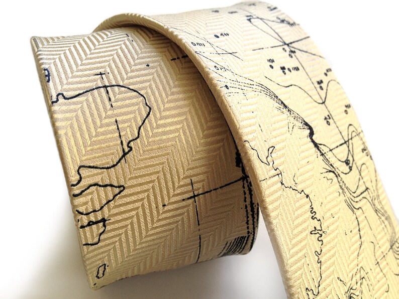 Sea Floor Map necktie. Elegant herringbone pattern woven silk tie. Topographical Error men's tie. Choose cream tie, sapphire tie & more navy on cream